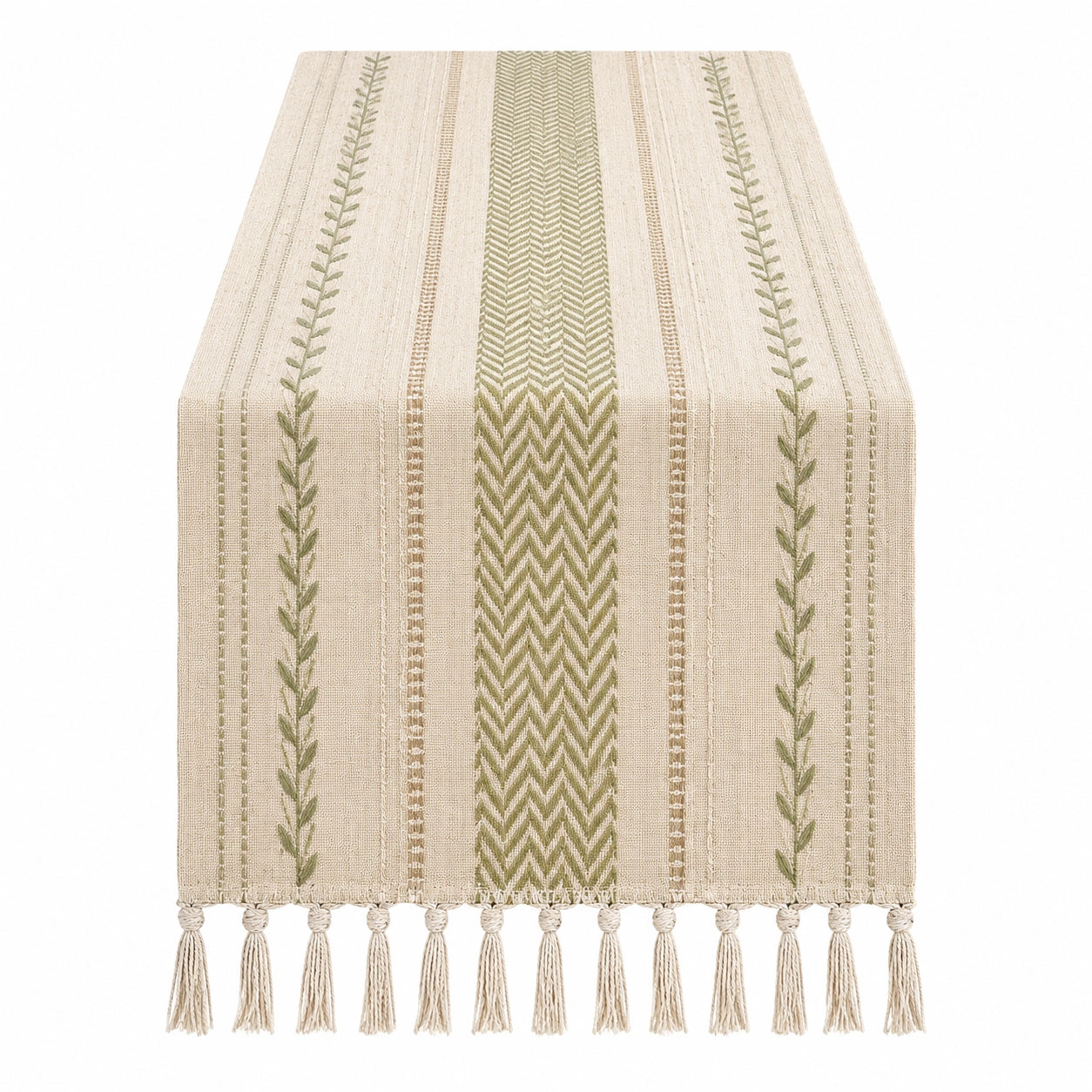 Runner da tavolo beige e verde con frange 180x33 cm