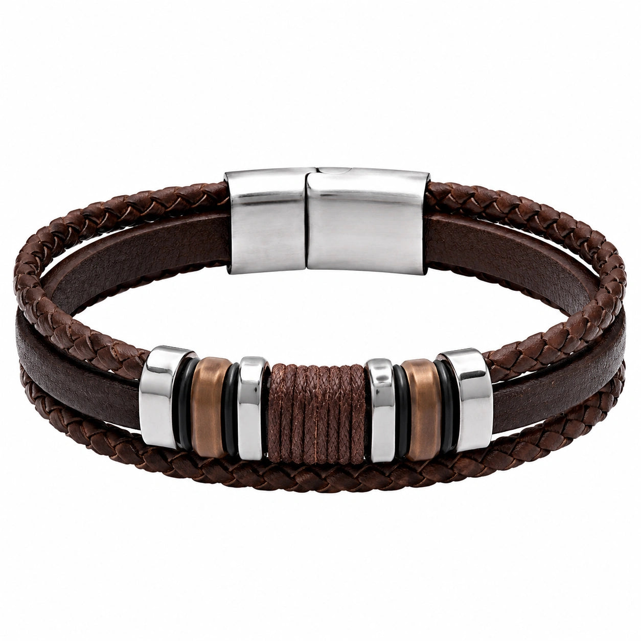 Bracciale Multistrato Uomo in Cuoio Marrone e Acciaio Inox