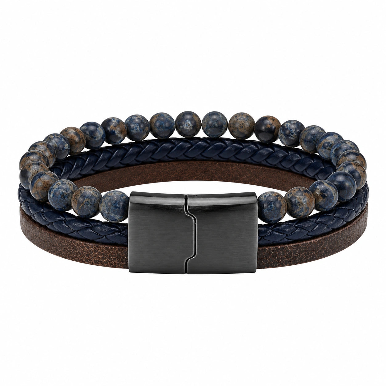 Bracciale Multistrato in Pelle Intrecciata e Perline Blu