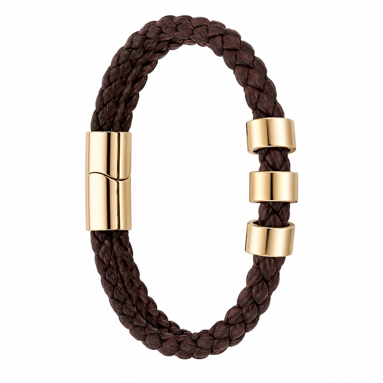Bracciale in cuoio intrecciato marrone con dettagli dorati