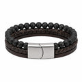 Bracciale a fascia doppia in perline nere e pelle marrone con chiusura magnetica