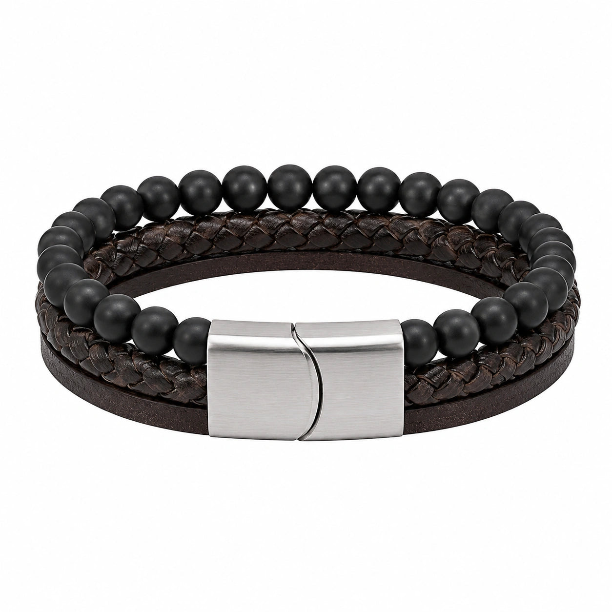 Bracciale a fascia doppia in perline nere e pelle marrone con chiusura magnetica