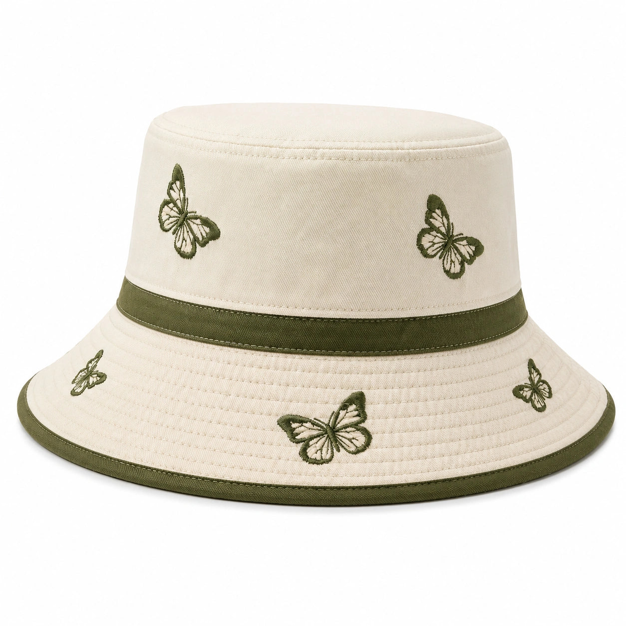 Cappello a Secchiello con Ricami di Farfalle Beige e Verde
