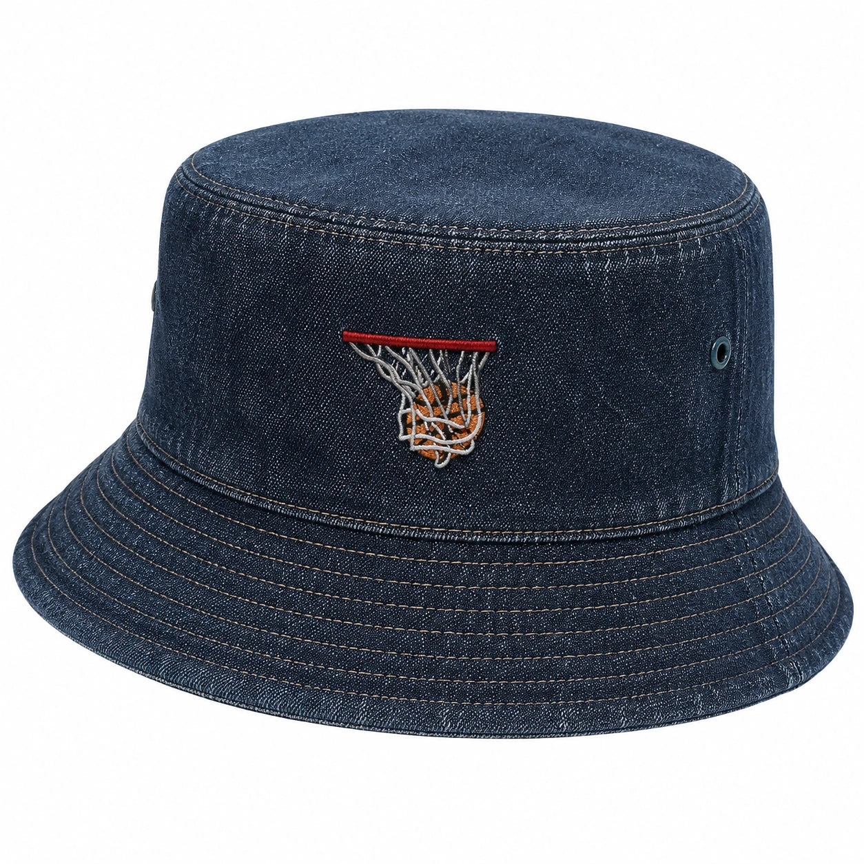Cappello Bucket Blu Denim con Ricamo Pallacanestro