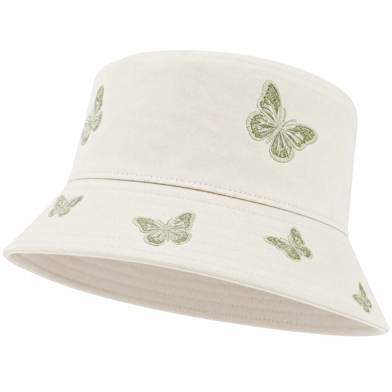 Cappello a Secchiello Ricamato con Farfalle Crema e Verde per Donna