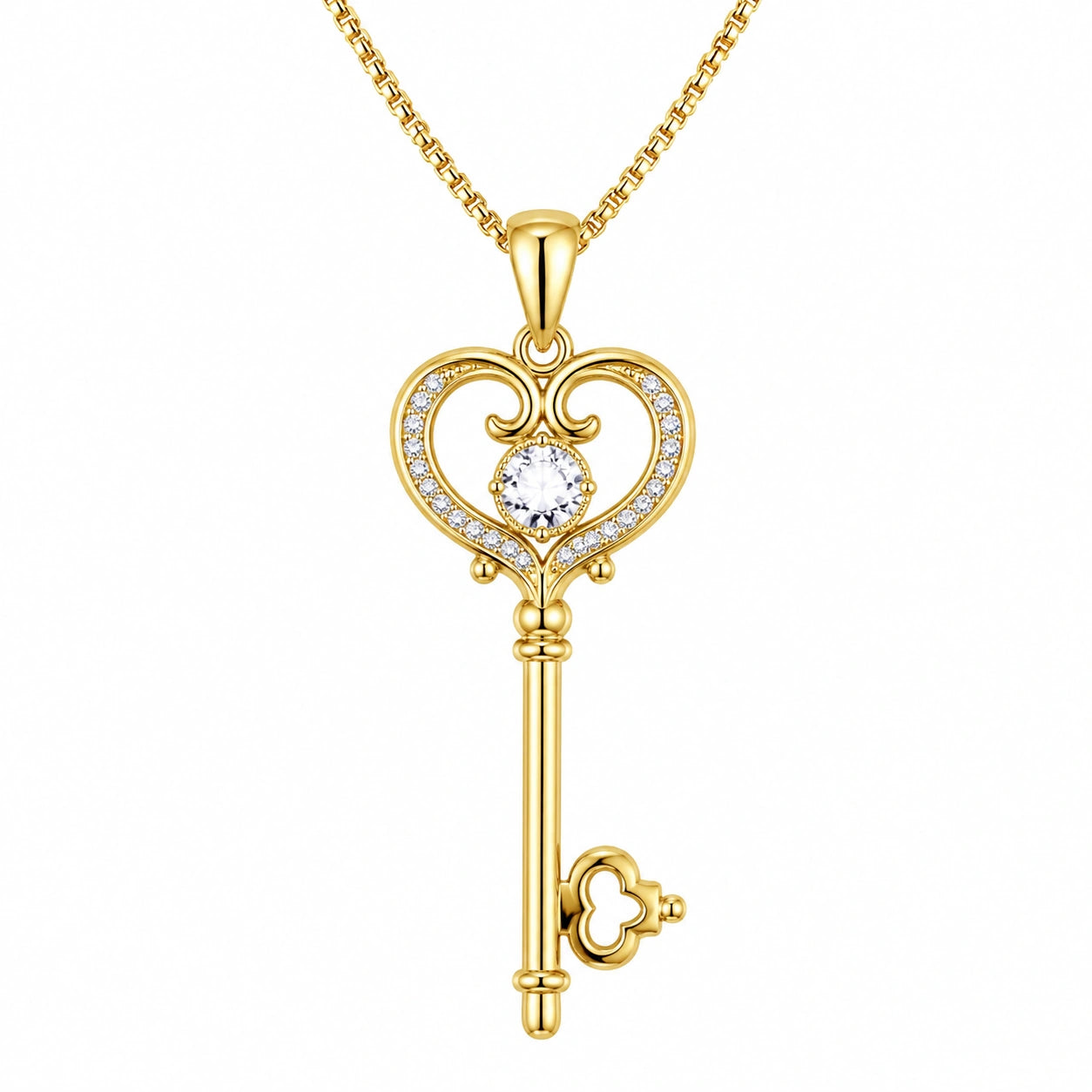 Collana con Ciondolo Chiave a Cuore in Oro con Zirconia